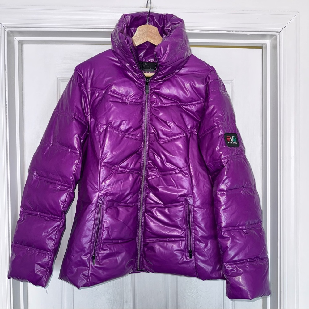 Vintage Y2K Versace Italia 1969 Purple Metallic Puffer Jacket L Down Feather